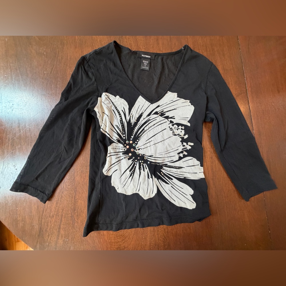 Express Vintage Sheer Black White Floral Rhinestone Mesh See Through Shirt Top